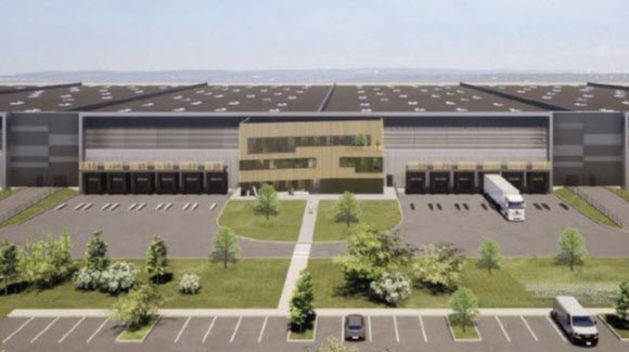 Rendering of industrial warehouse with large parking lot