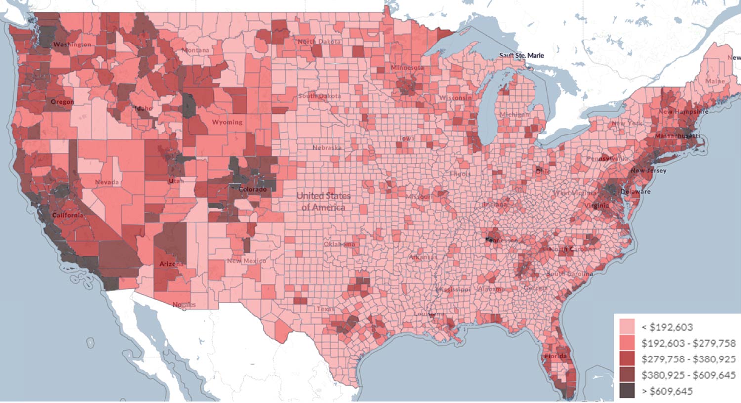 Chart showing that many of the populous U.S. counties report home prices above the U.S. median level of $383,000