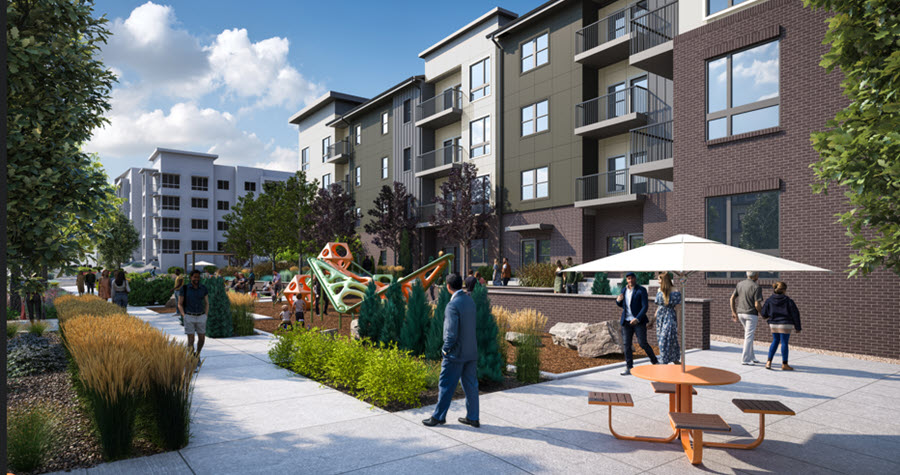 Rendering of a complex with a multistory building, open green space, and residents