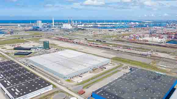 Aerial view of large distribution center