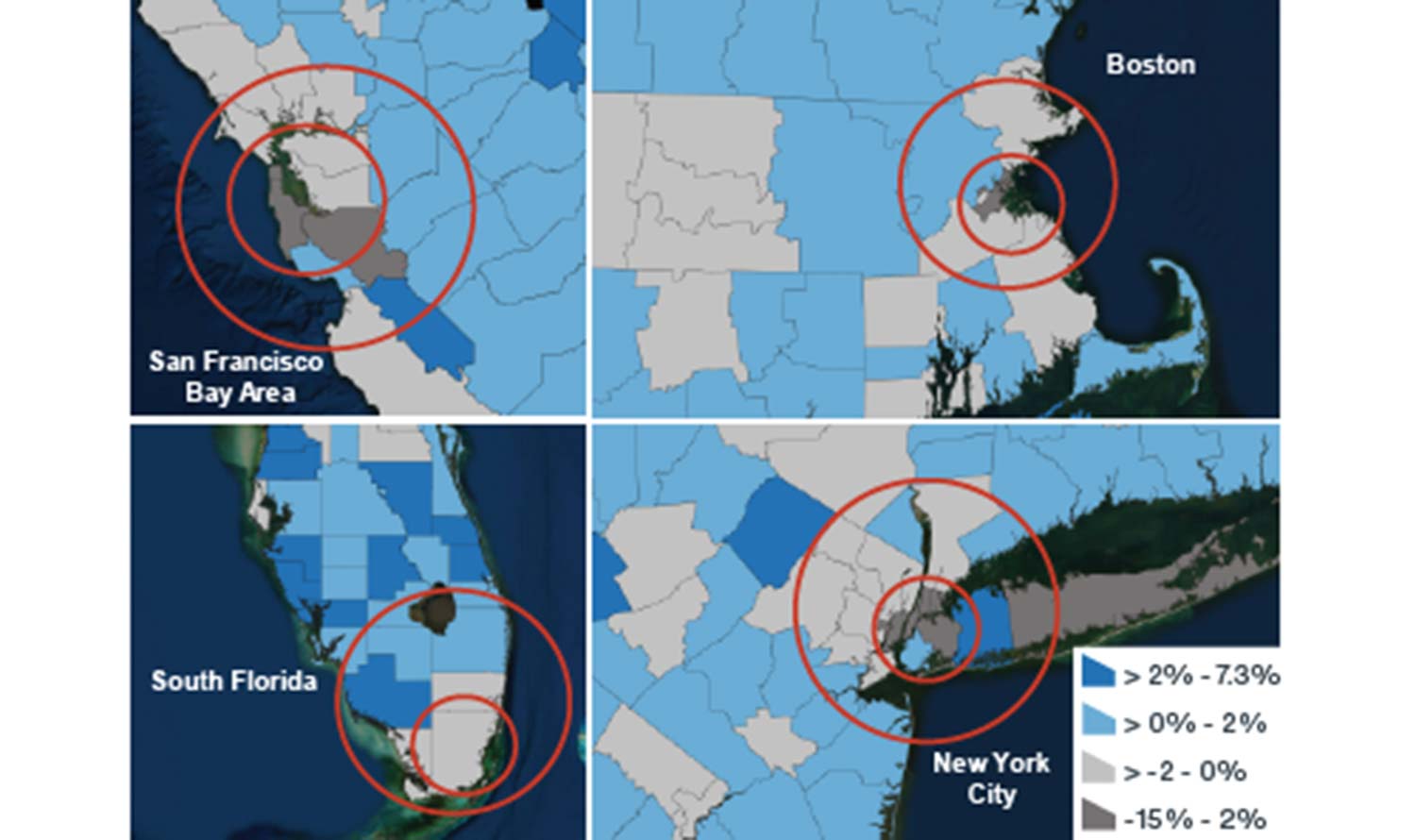 Map showing decreasing population growth in urban core during 2021, while outlying areas gained