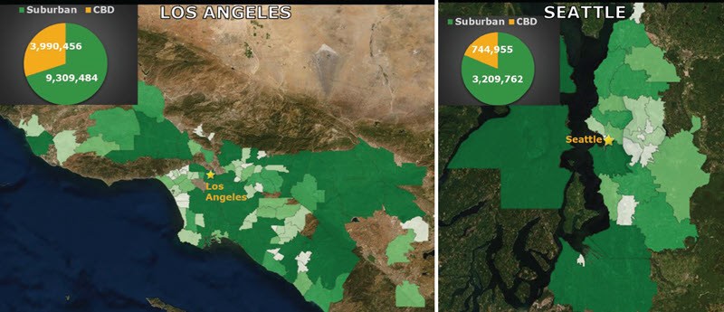 Total population growth of Los Angeles and Seattle