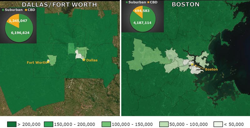Total population growth of Dallas and Boston