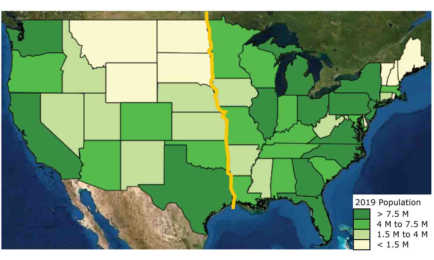 Map of U.S. depicting population by state in 2019