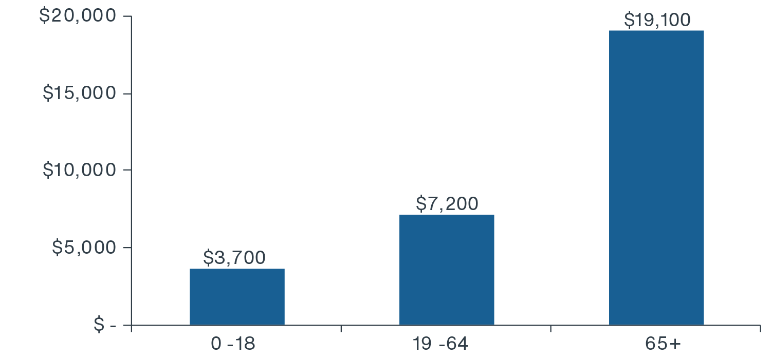  Bar chart showing healthcare spending for Americans 65 and older more than six times that of those under 18