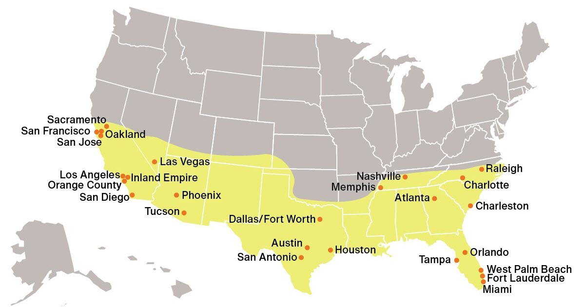 Map of U.S. highlighting Sun Belt area stretching from Southern CA to Raleigh, NC