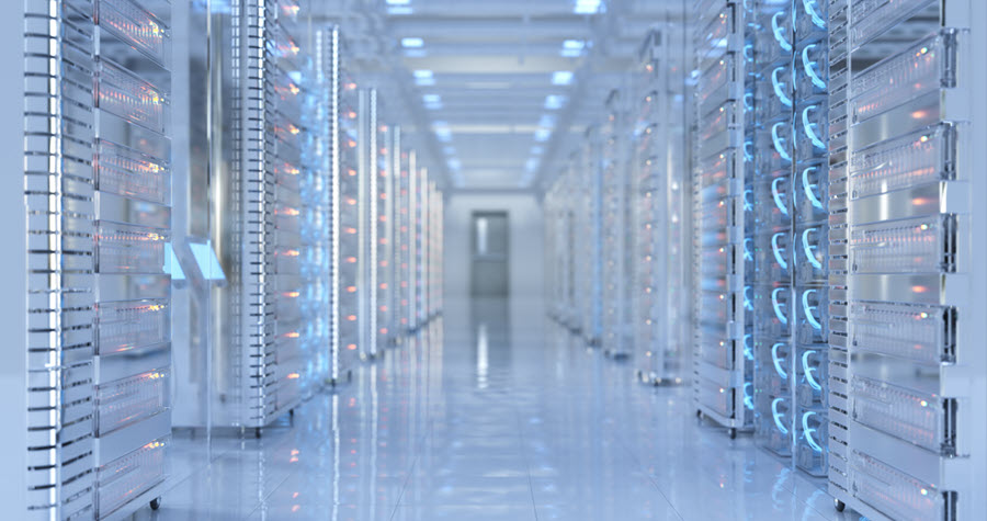 Interior of a data center with supercomputers