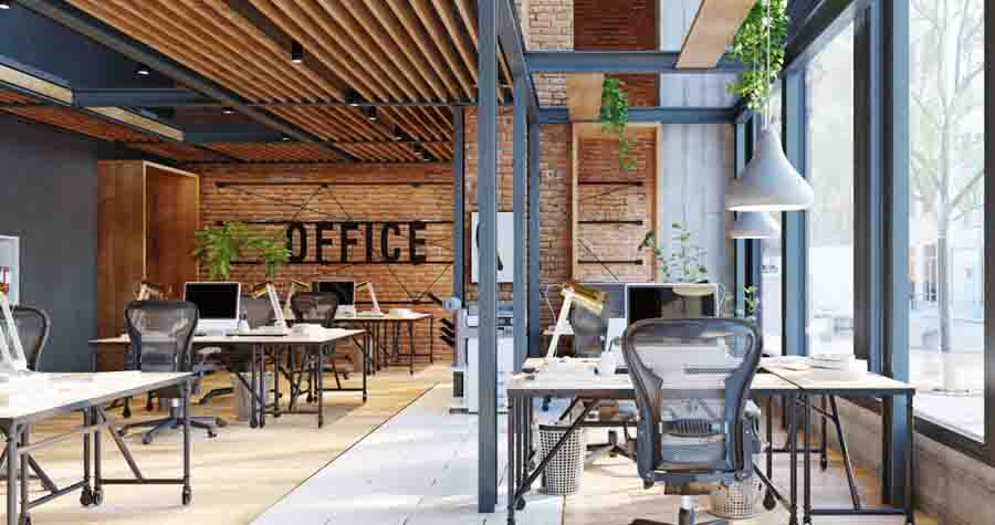 Open space office setting with desks and chairs