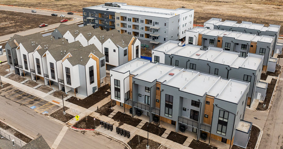 Aerial view of a multifamily complex under construction