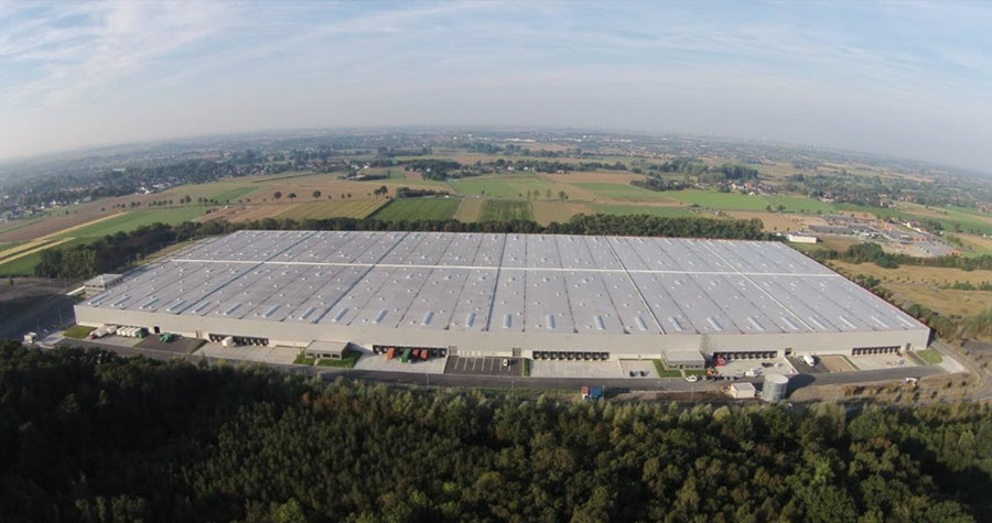 European Logistics: Aerial shot of a large industrial warehouse in Germany