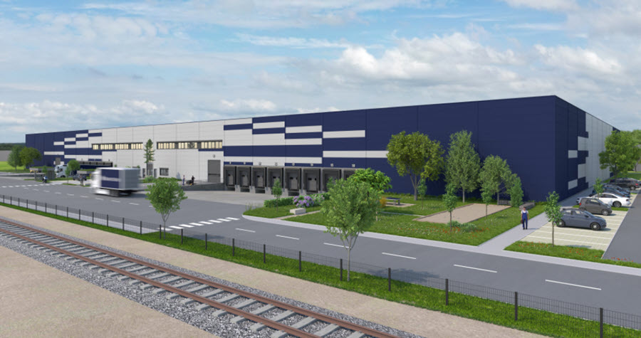 Rendering of a large logistics facility next to a railway track