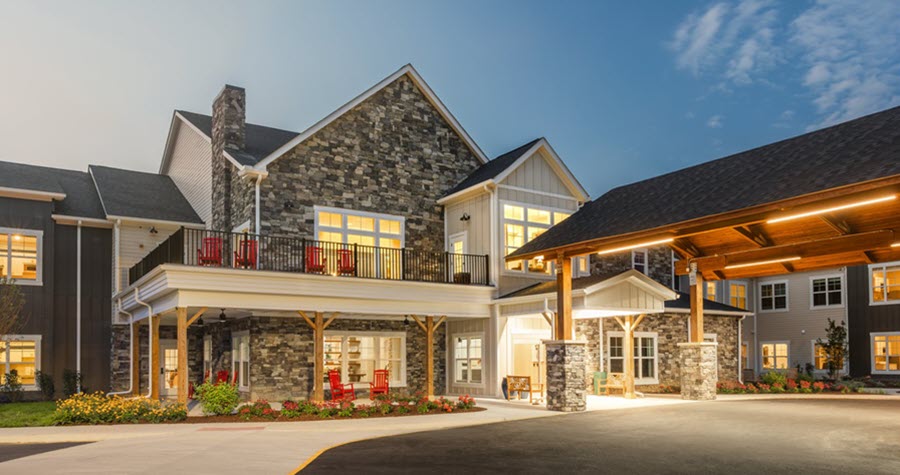 Front entrance of a senior housing facility with an awning