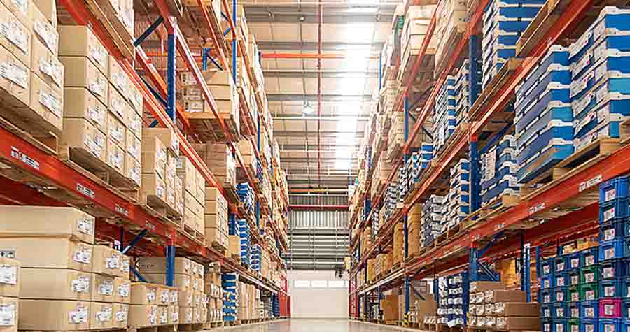 high shelves in large warehouse