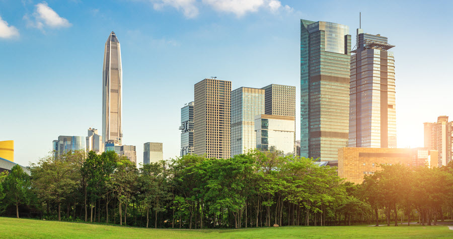 Skyscapers with trees and grassy terrain in the forefront