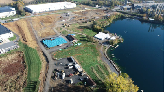 Aerial view of Lehigh Valley Trade Center construction next to the lake