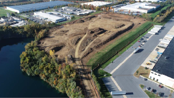 Aerial view of Lehigh Valley Trade Center construction next to the lake