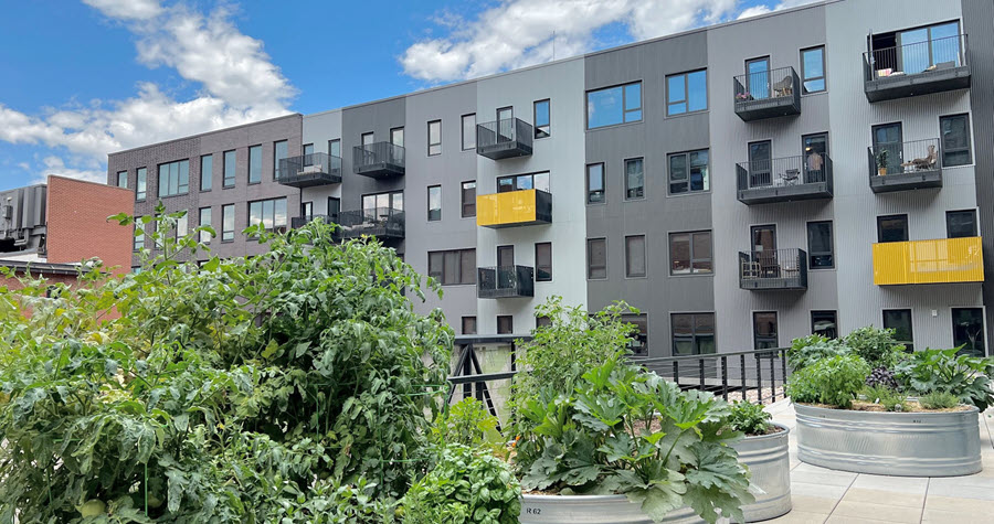 Rooftop of multifamily community with planter beds