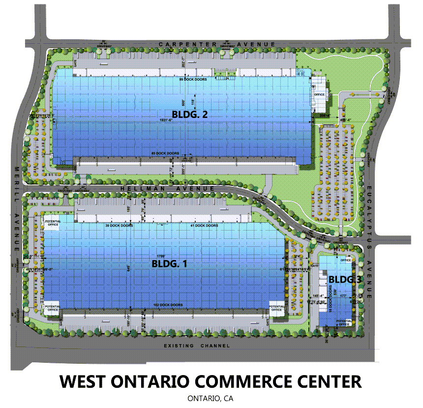 Ontario site map reflecting two large and one small building pads