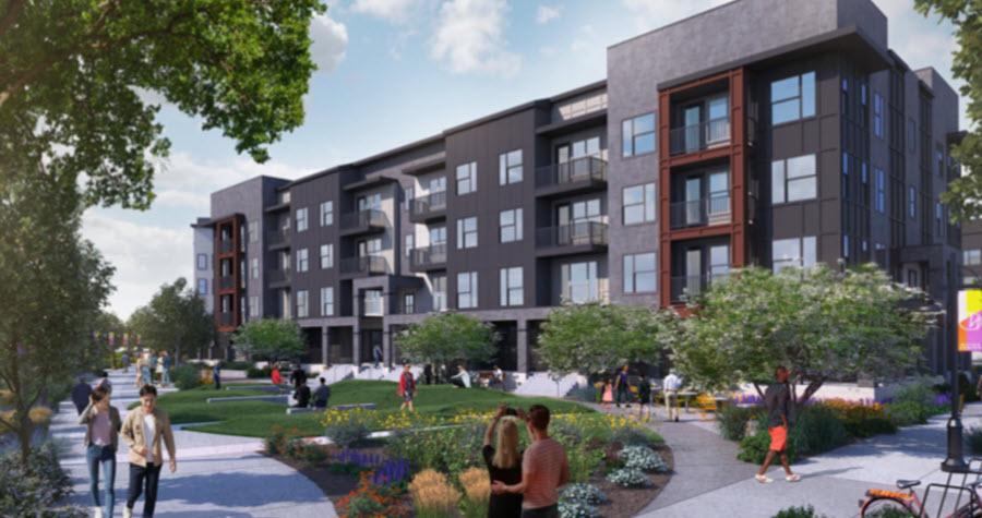 Rendering of a multifamily building with a small garden and tenants walking on the sidewalks