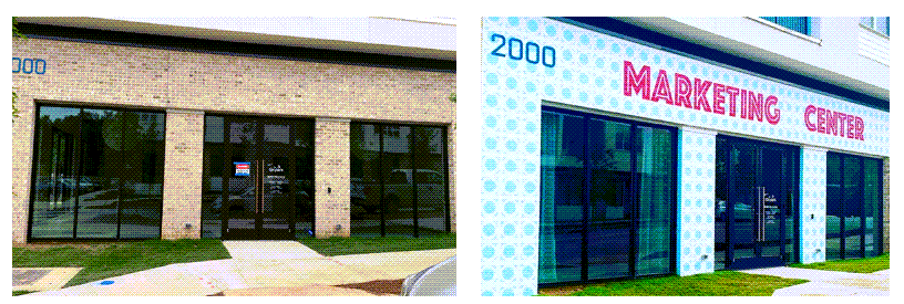 Boring brown brick building next to newly designed, bright Marketing Center entrance