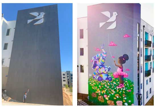 Multi-story colorful mural on wall of little girl with balloon surrounded by flowers