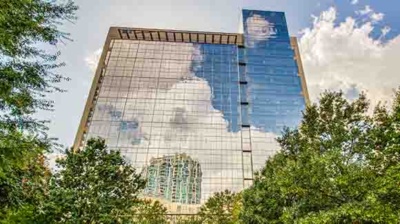 High-rise with glass windows surrounded by trees