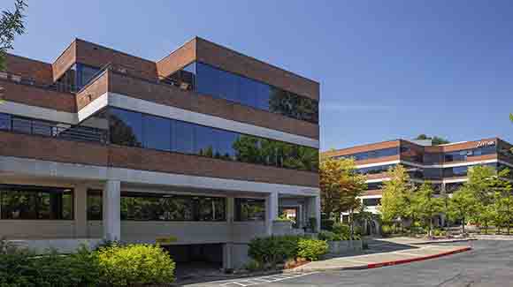 Brick office building in leafy suburbs