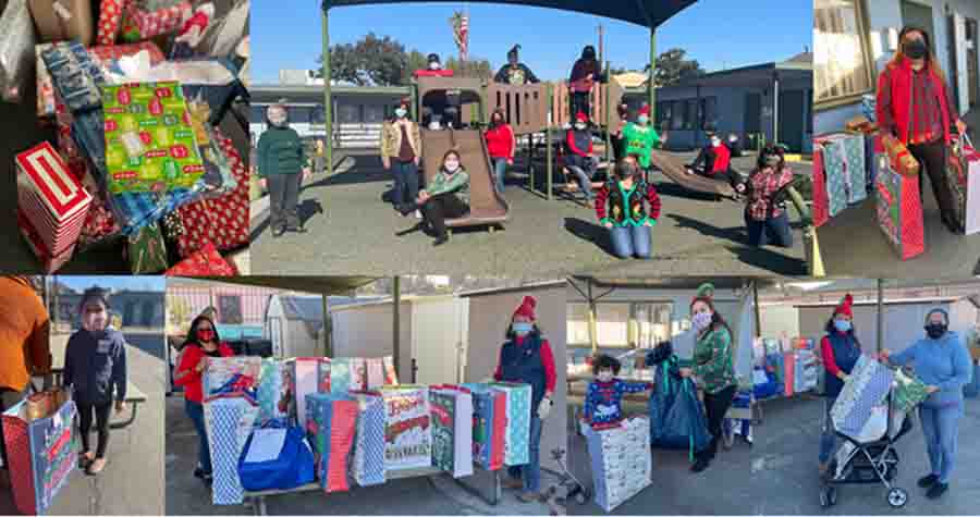 Children on playground and volunteers with holiday gifts